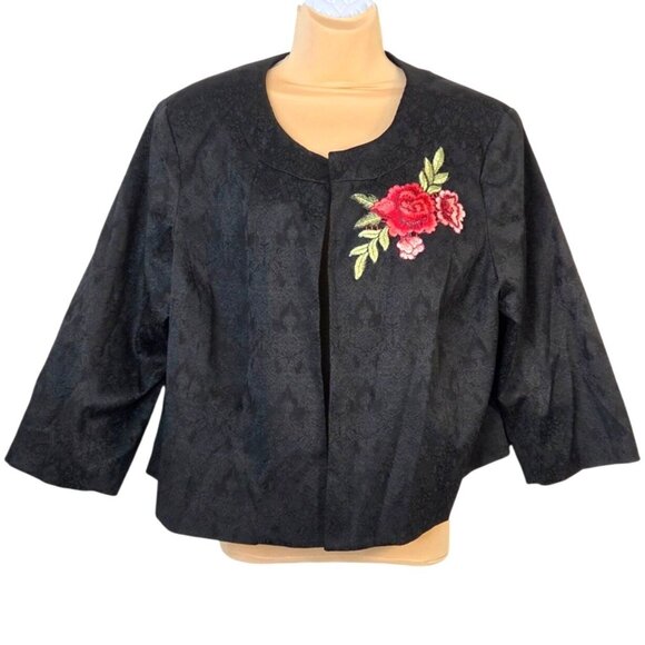 Isabella Jackets & Blazers - Isabella Womens Black Textured Floral Embroidered Open-Front Jacket 20W